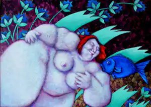 Ada Breedveld - Acryl op doek: Paarse vrouw met vis - 1993 verkauft für € 395!