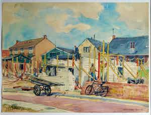 Klaas Pijlman - Ingelijste aquarel , “Huizen in aanbouw in Egmond aan Zee” – 1955 verkocht voor € 50!