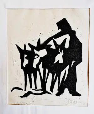 Jelle Otter - Groninger kunstenaar en graficus - linosnede "man met ezels" - eigen druk - 1964 kaufen? Bieten Sie von 38!