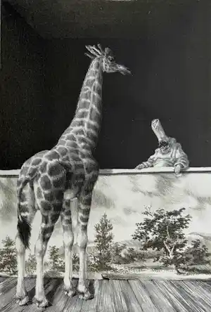 Buy Peter Vos - handgesigneerde litho | 'G&P: Giraffe en P(ulchinel)' | 1975? Bid from 175!