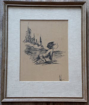 Melle Oldeboerrigter - ingelijste inkttekening: kruipend kind kopen? Bied vanaf 100!