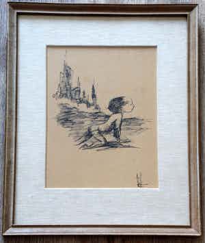 Melle Oldeboerrigter - ingelijste inkttekening: kruipend kind verkocht voor € 100!
