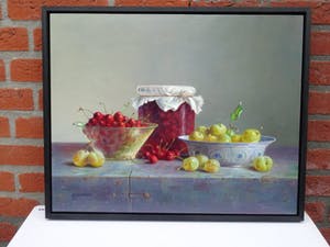 Hans Habraken - Kersen in een pot en in en glazen schaal en pruimen in een schaal. kopen? Bied vanaf 750!