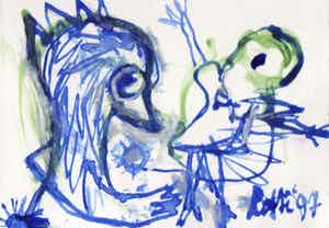 Lotti van der Gaag - gemengde techniek op papier | 'La danseuse et le corbeau' | 1997 verkocht voor € 300!