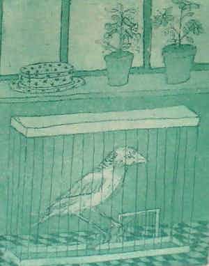 Laetitia de Haas - Ingelijste kleurenets: Vogeltje - 1972 verkocht voor € 35!