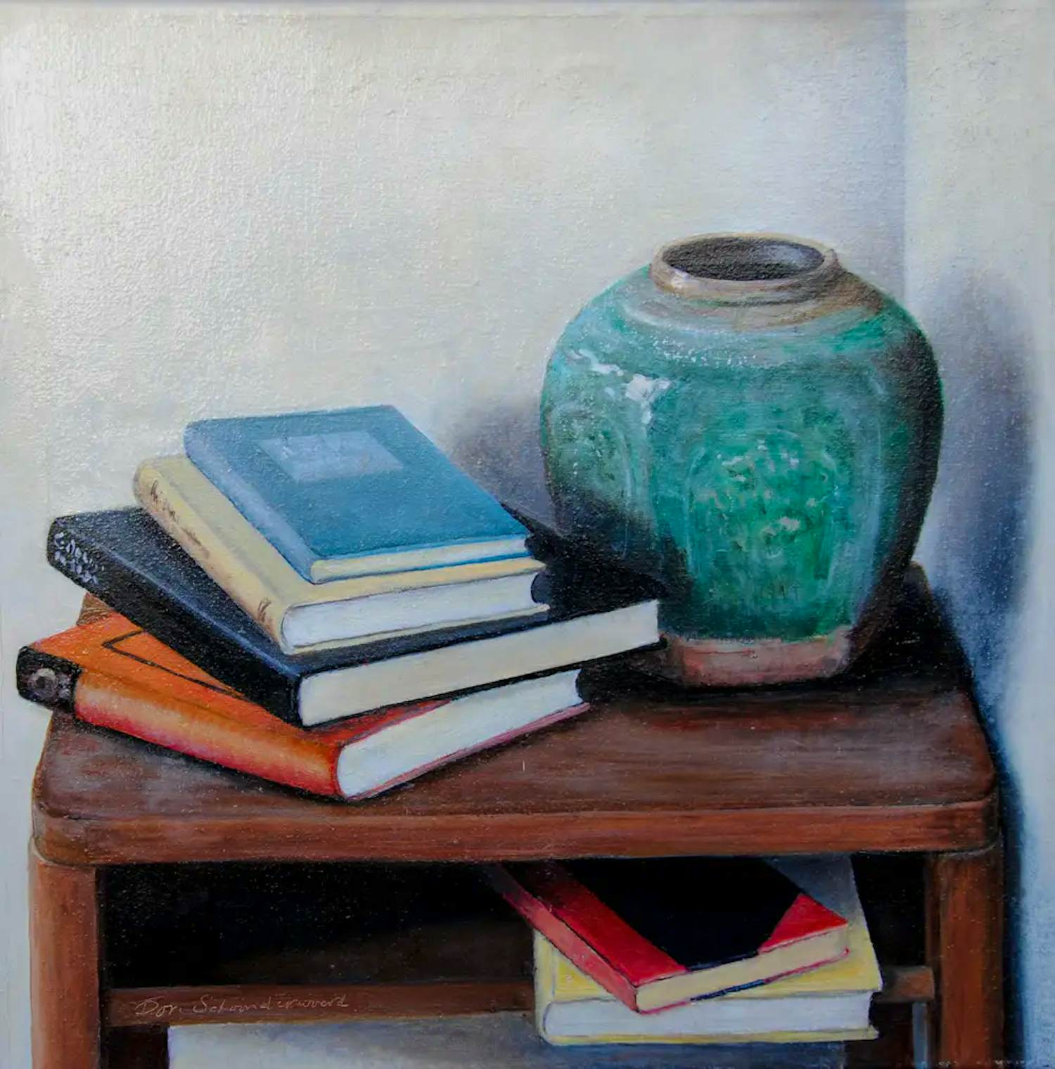 Dori Schoonderwoerd - Ingelijste olieverf op doek: Stilleven met gemberpot en boeken op tafel kopen? Bied vanaf 499!