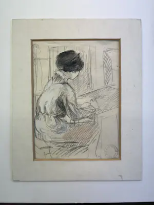 Leo Gestel - De vrouw van de kunstenaar aan het tekenen - met atelierstempel kopen? Bied vanaf 240!