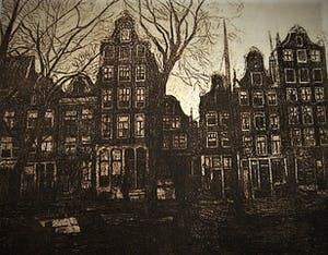 Pol Dom - Sfeervolle droge naald Ets "Amsterdam huizen aan de Noordermarkt" gesigneerd kopen? Bied vanaf 20!