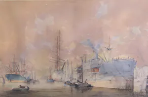 Marius de Jongere - Aquarel, "Zicht op Rotterdamse haven". kopen? Bied vanaf 150!