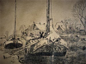 Niet of onleesbaar gesigneerd - Fraaie droge-naald ETS "afgemeerde boten aan kade" niet gesigneerd kopen? Bied vanaf 10!