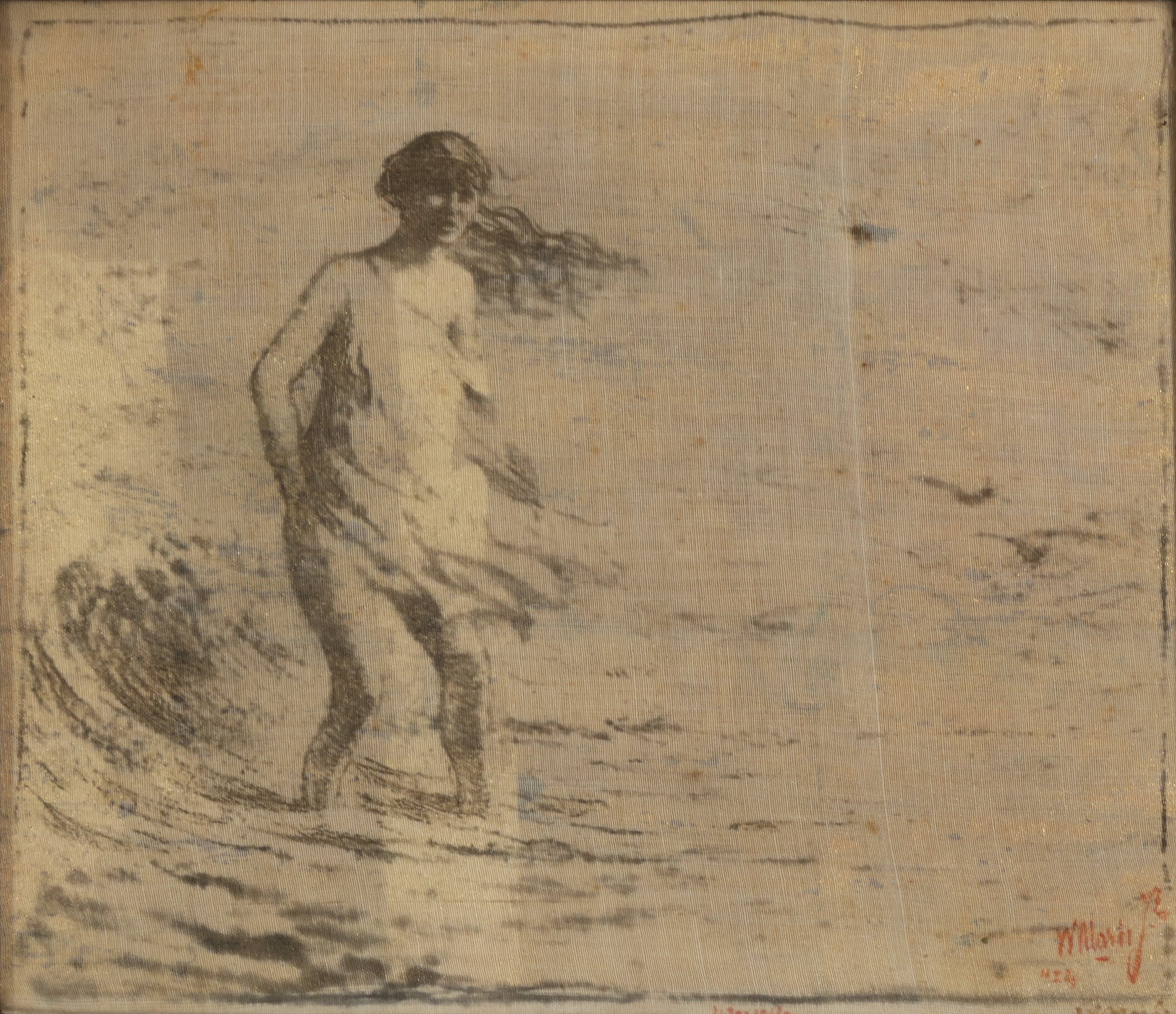 Willem Matthijs Maris - Druk op textiel over goudenkleurige ondergrond, Meisje in zee - Ingelijst kopen? Bied vanaf 35!