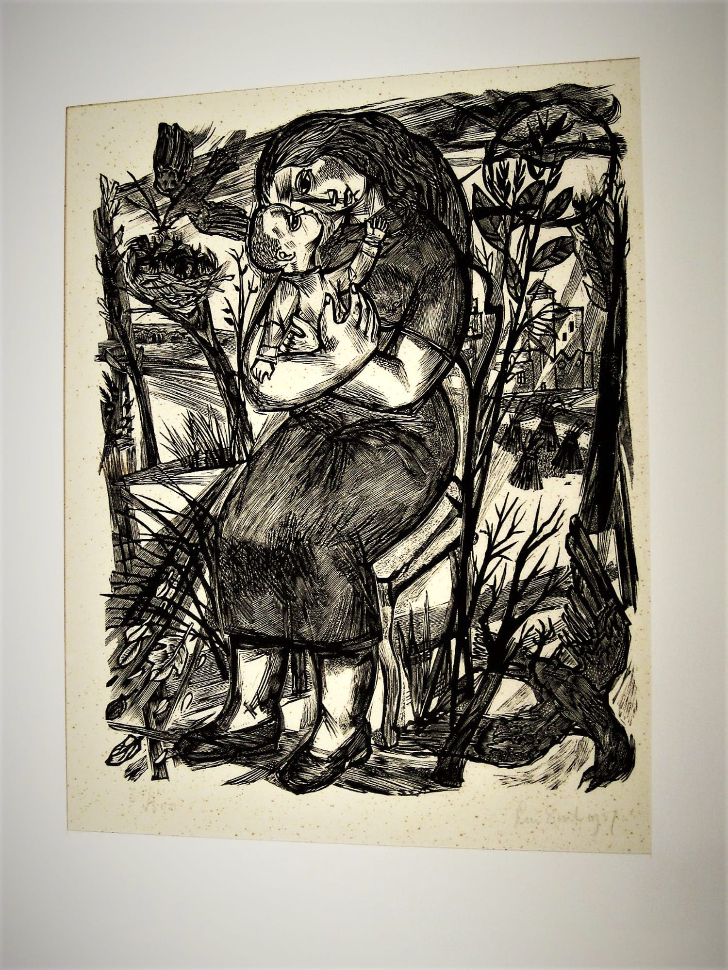 Lou Strik - meester Graficus - grote Hout/Linosnede "moeder en kind" gesigneerd verkocht voor € 36!