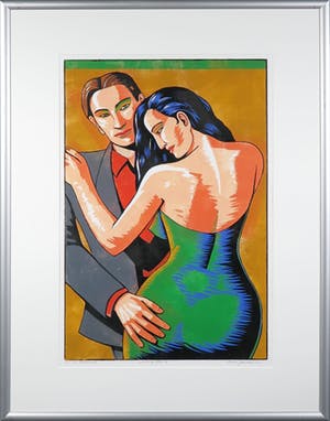 Leon Janssen - Houtsnede, Paar op oker links - Ingelijst kopen? Bied vanaf 80!