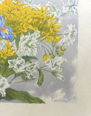 Edgar Fernhout - Bouquet met irissen, litho - Gratis verzending! kopen? Bied vanaf 50!