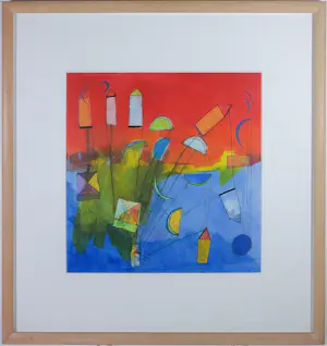 Buy Susan Schildkamp - Acryl op papier, Vliegende huizen - Ingelijst? Bid from 50!