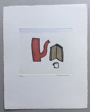 Klaas Gubbels - ets met aquarel ingekleurd - ‘Rode kan met boek’ kopen? Bied vanaf 225!
