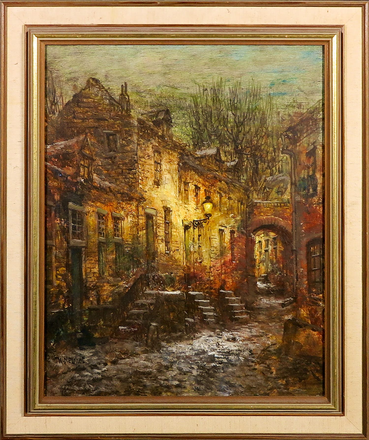 Walter Neuhof - Olieverf op doek, Straat bij nacht - Ingelijst verkocht voor € 90!