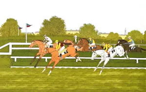 Buy Vincent Haddelsey - Kleurenlitho THE STEEPLECHASE Handgesigneerd? Bid from 45!