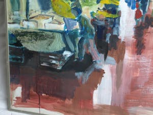 Niet of onleesbaar gesigneerd - Acrylverf en collage , De markt op een regenachtige dag – ingelijst - Groot kopen? Bied vanaf 1!