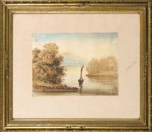 Niet of onleesbaar gesigneerd - Aquarel, Rivierlandschap met bootje - Ingelijst kopen? Bied vanaf 1!