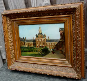 Carel Jacobus Behr - Ingelijste olieverf op paneel: het hofje van Nieuwkoop in Den Haag kopen? Bied vanaf 1000!