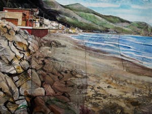 Leslie Gabrielse - GROOT! - Geweldige gemengde Techniek Collage "Sea Cliff California" gesign kopen? Bied vanaf 10!