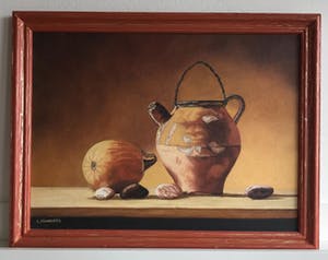 Niet of onleesbaar gesigneerd - Herfstachtig stilleven met pompoen en kan kopen? Bied vanaf 1!