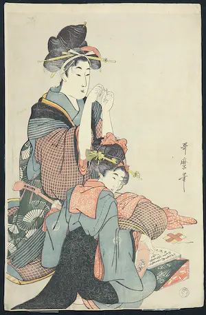 Kitagawa Utamaro - Houtdruk, Rijgende vrouw en muziek spelend meisje kopen? Bied vanaf 100!