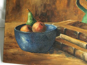 Niet of onleesbaar gesigneerd - Olieverf op doek , Stilleven met groene vaas, fruit en boeken - gesigneerd kopen? Bied vanaf 1!