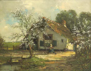 Ed. Stoffels - Olieverf op doek, Boerin op hoeve met bloesembomen kopen? Bied vanaf 150!