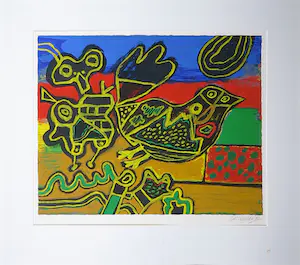 Corneille - Zeefdruk, Figuur en vogel in landschap - Ingelijst kopen? Bied vanaf 200!