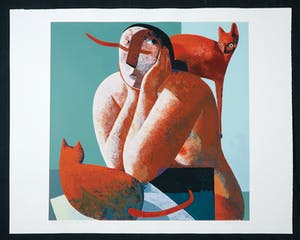 Peter Harskamp - Zeefdruk, Vrouw met twee katten kopen? Bied vanaf 100!