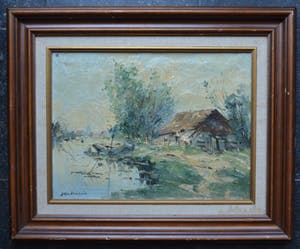 Buy Jan Kelderman - Rivierenlandschap met boerderij - Olieverf op doek? Bid from 10!