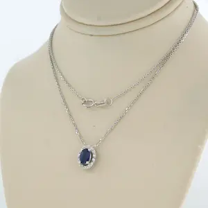 14k gouden collier met hanger met saffier en briljant geslepen diamant kopen? Bied vanaf 185!