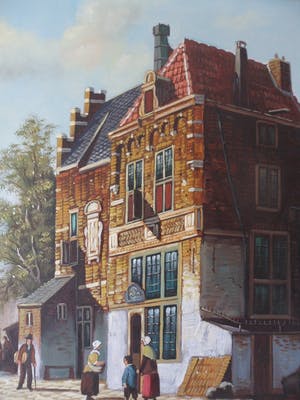 H.J Topman - Olieverfschilderij van een vroeg Hollands straatbeeld met mensen en gebouwen. kopen? Bied vanaf 35!