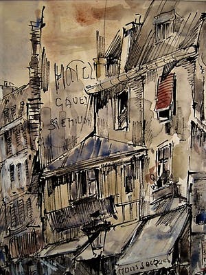 Michel Soutine - Frankrijk jaren 50 Grote Aquarel "Parijs- Rue Lalande st Denis" gesigneerd kopen? Bied vanaf 1!