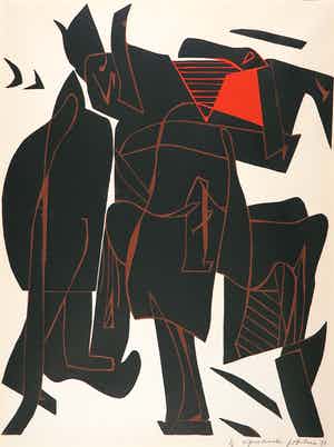 Jan van der Zee - Houtdruk, Compositie met figuren verkocht voor € 200!