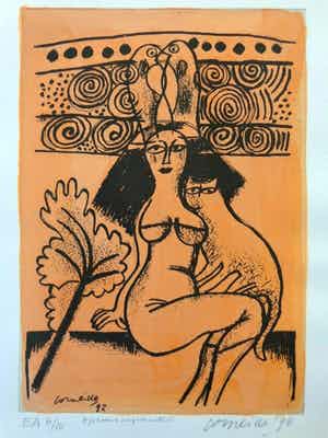 Corneille - VROUW MET KAT / ZW-W ETS + AQUAREL / 48x35cm / SIG / 1998 verkocht voor € 195!