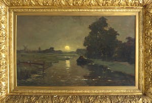 Niet of onleesbaar gesigneerd - (Tholen of Weissenbruch?) Olieverf op doek, Rivierlandschap met bootje (Groot!) kopen? Bied vanaf 1!