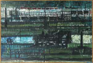 Shlomo Koren - Olieverf op doek, Zicht op een rangeerterrein - Ingelijst (Groot) verkocht voor € 400!