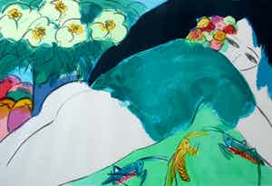 Walasse Ting - Ingelijste litho: Liggende vrouw omgeven door sprinkhanen en bloemen - 1985 verkocht voor € 575!