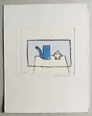 Klaas Gubbels - ets met aquarel ingekleurd - ‘Blauwe kan met suikerpotje’ kopen? Bied vanaf 245!