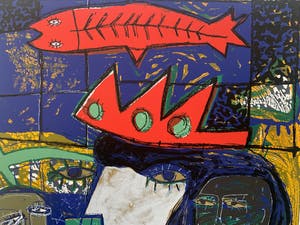 Dodog Soeseno - Kleurenzeefdruk | 'Family with red fish' kopen? Bied vanaf 50!