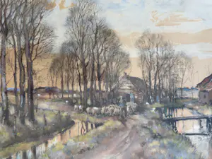 Herman Paradies - Landschap met boerderij, boer en schapen. kopen? Bied vanaf 550!