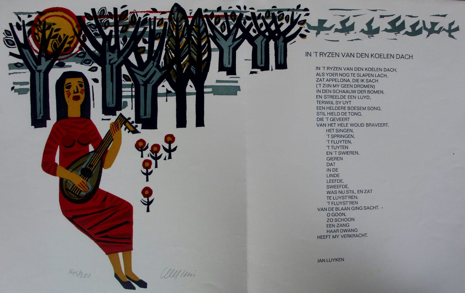 Akke Sins - Linosnede: In 't ryzen van den koelen dach - 1969 verkocht voor € 49!