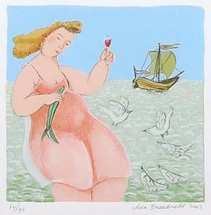 Ada Breedveld - Zeefdruk, Z.T. Vrouw met vissen - Ingelijst kopen? Bied vanaf 35!