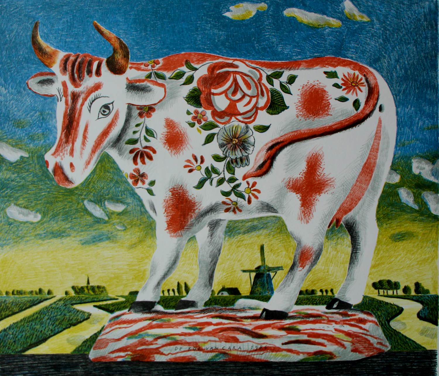 Herman Berserik - Kleurenlitho: De koe van Cara - 1986 kopen? Bied vanaf 150!