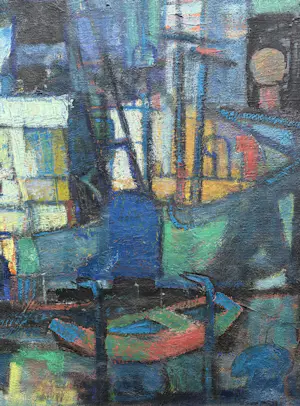 Wim Motz - Olieverf op doek | 'Houthaven van Stolk Rotterdam'| Eind jaren '50 kopen? Bied vanaf 1000!