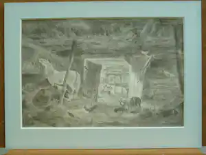 Johann Heinrich Menken - "Stallszene" , Tiere im Stall, feine lavierte Federzeichnung kaufen? Bieten Sie von 99!