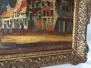 Niet of onleesbaar gesigneerd - Olieverf op paneel , Dorpsplein – gesigneerd & ingelijst - oud kopen? Bied vanaf 1!